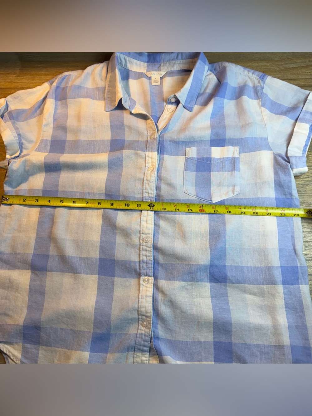 Caslon Light Blue and Cream Short Sleeve Plaid Linen Blend Button-Up Shirt - Picture 6 of 8